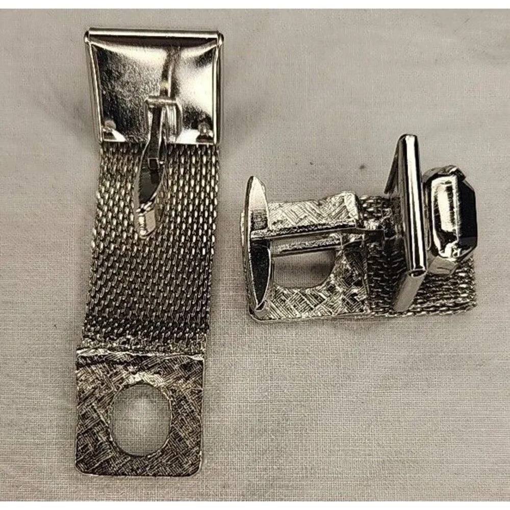 Cufflinks Silver Tone Mesh Wrap Aqua Blue Glass Stones Simulated 1960s Vintage